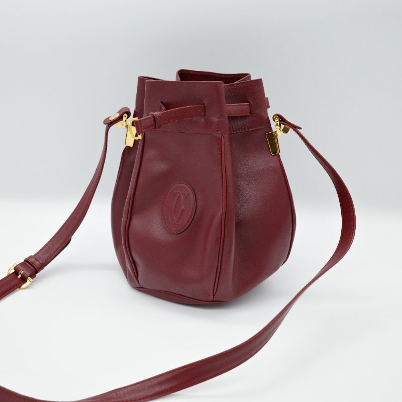 Cartier 卡地亞 酒紅色牛皮 經典 Logo 復古南瓜 水桶包 斜挎包 單肩包-1