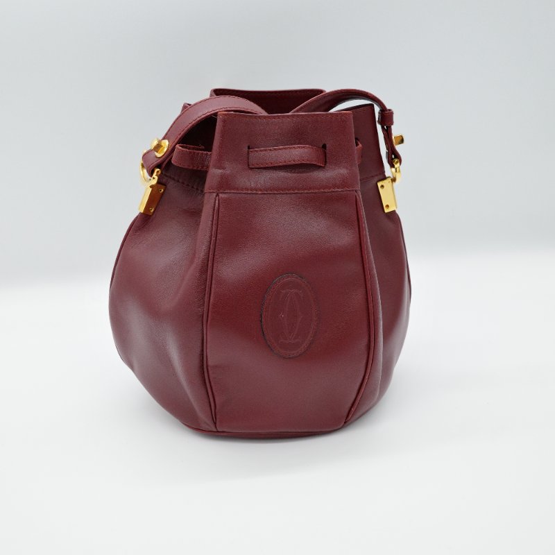 Cartier 卡地亞 酒紅色牛皮 經典 Logo 復古南瓜 水桶包 斜挎包 單肩包-3