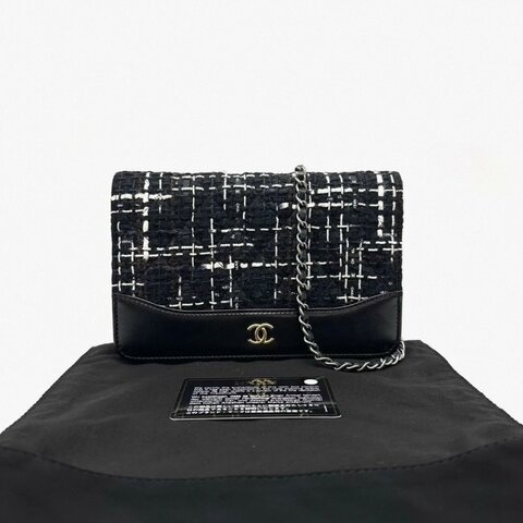 CHANEL 黑色毛呢拼皮woc肩背斜背包19*12*4 98新配件塵袋保卡
