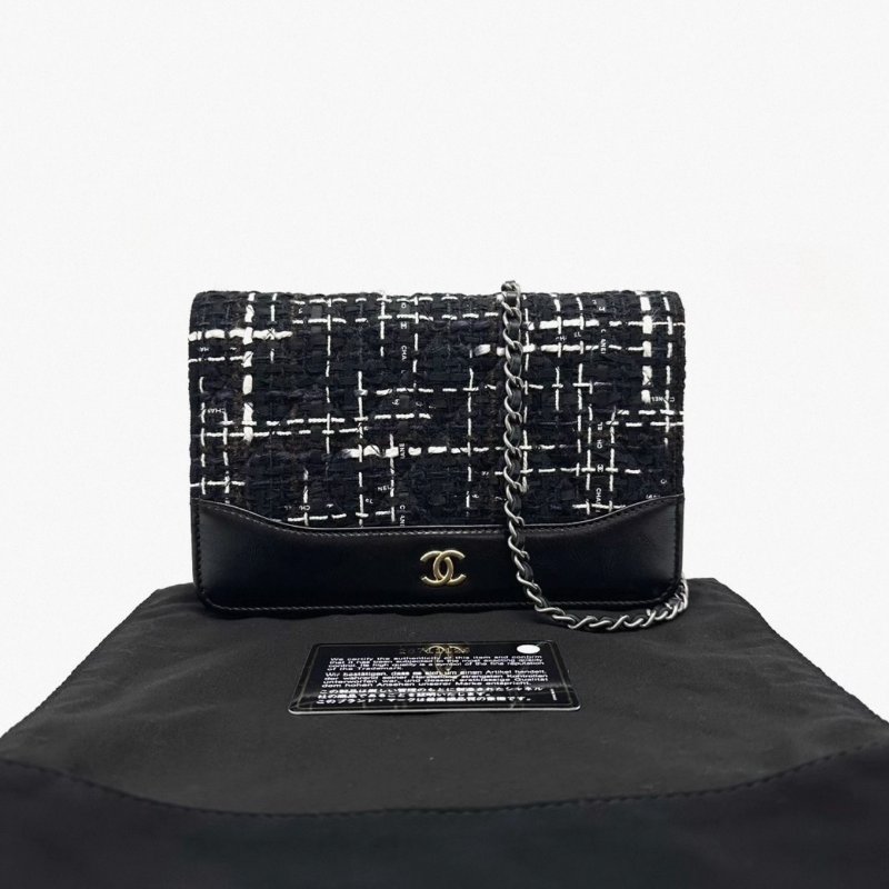 CHANEL 黑色毛呢拼皮woc肩背斜背包19*12*4 98新配件塵袋保卡-0