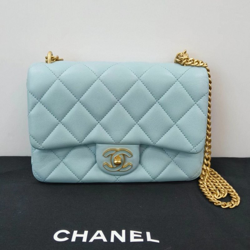 CHANEL 冰淇淋藍金扣22P琺瑯扣大mini肩背包21*14*5.5 99新配件塵袋-0