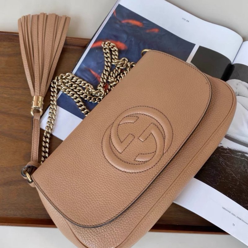 Gucci 裸粉奶茶色soho流蘇翻蓋鏈條包 27.3*5.7*14.8 98新配件塵袋-2