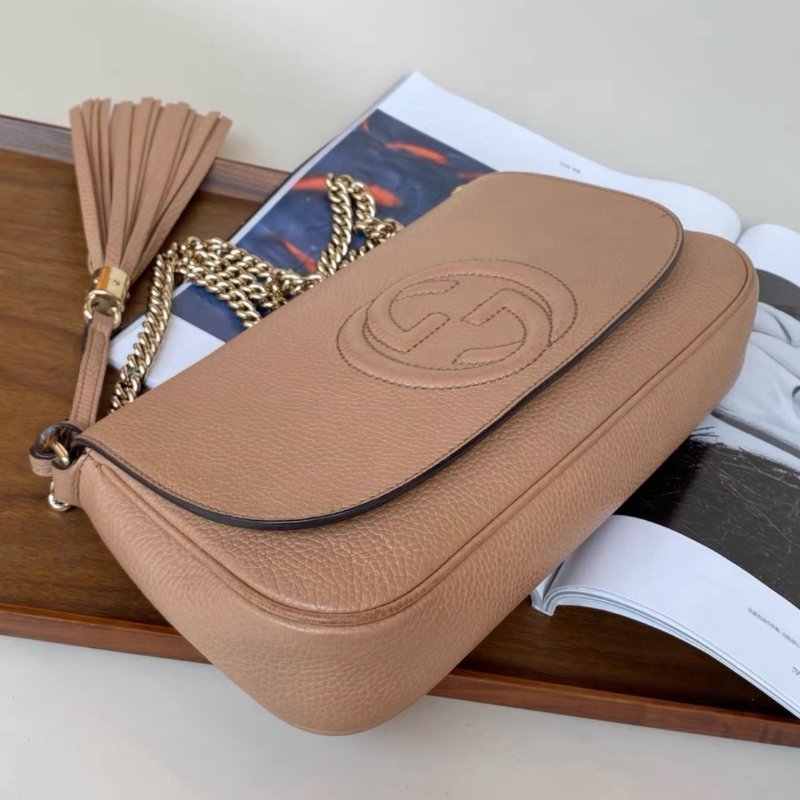 Gucci 裸粉奶茶色soho流蘇翻蓋鏈條包 27.3*5.7*14.8 98新配件塵袋-3