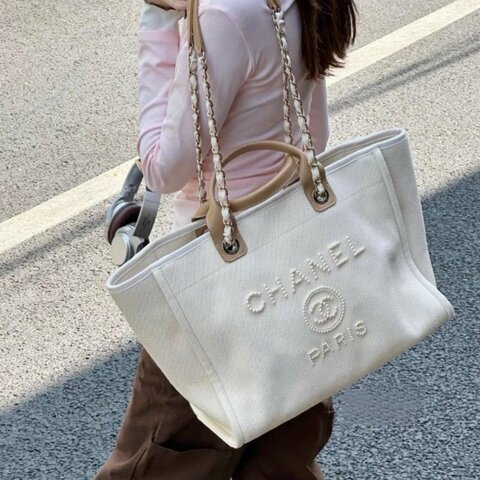 chanel 米白色珍珠刺繡logo tote托特包39*30*22 98新配件塵袋