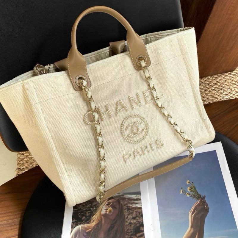 chanel 米白色珍珠刺繡logo tote托特包39*30*22 98新配件塵袋-1