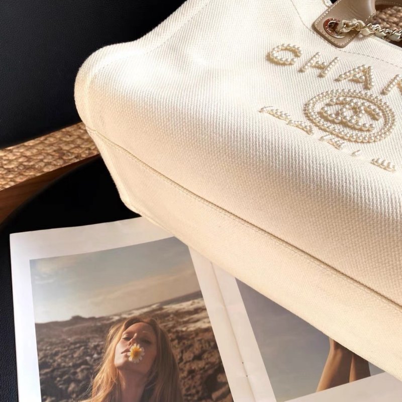 chanel 米白色珍珠刺繡logo tote托特包39*30*22 98新配件塵袋-3