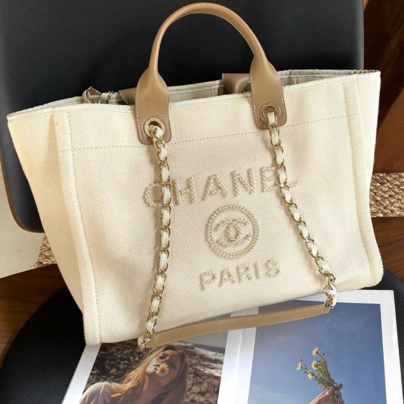 chanel 米白色珍珠刺繡logo tote托特包39*30*22 98新配件塵袋-4