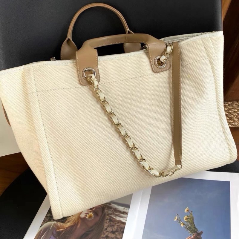 chanel 米白色珍珠刺繡logo tote托特包39*30*22 98新配件塵袋-5