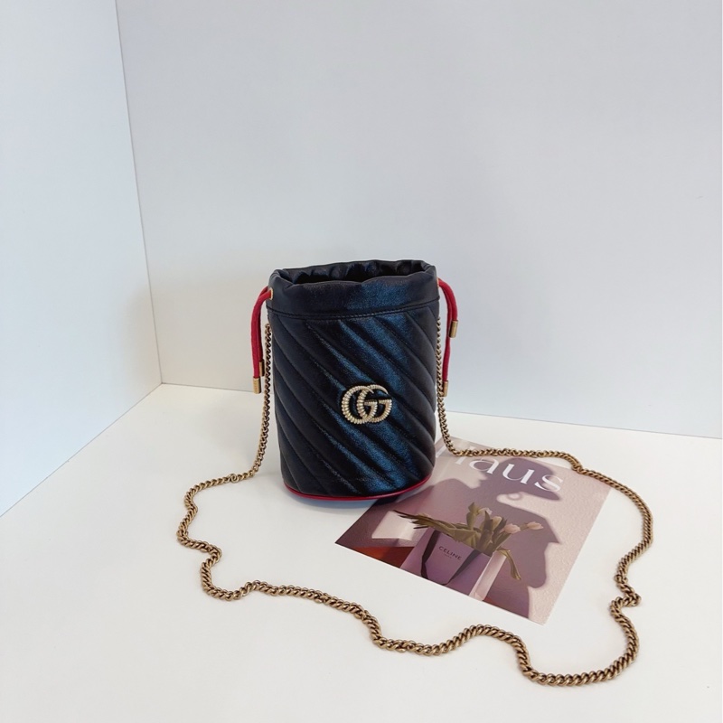 【閒置未使用🆕】Gucci marmont mini 黑色紅滾邊 金鍊條包 抽繩小水桶 斜挎包 單肩包-0