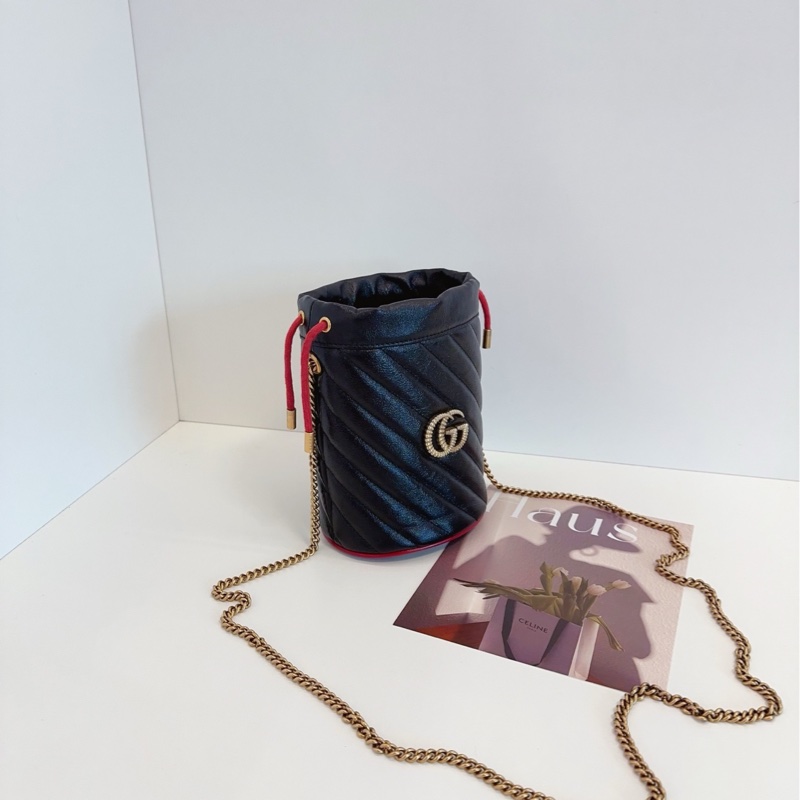 【閒置未使用🆕】Gucci marmont mini 黑色紅滾邊 金鍊條包 抽繩小水桶 斜挎包 單肩包-2