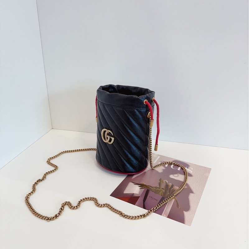 【閒置未使用🆕】Gucci marmont mini 黑色紅滾邊 金鍊條包 抽繩小水桶 斜挎包 單肩包-3