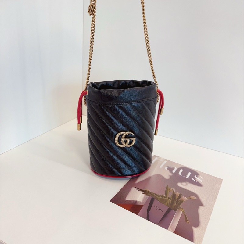 【閒置未使用🆕】Gucci marmont mini 黑色紅滾邊 金鍊條包 抽繩小水桶 斜挎包 單肩包-5