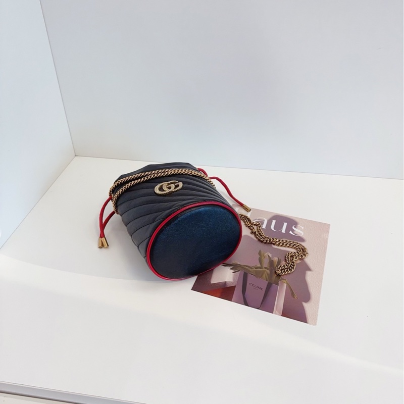 【閒置未使用🆕】Gucci marmont mini 黑色紅滾邊 金鍊條包 抽繩小水桶 斜挎包 單肩包-6