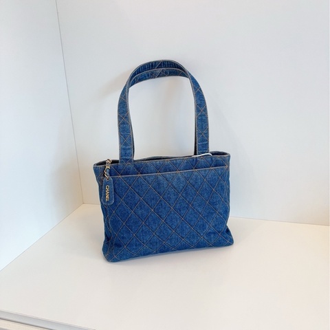 【98新🆕】Chanel 牛仔丹寧 金扣菱格外縫線帆布Tote 絕版vintage 牛仔