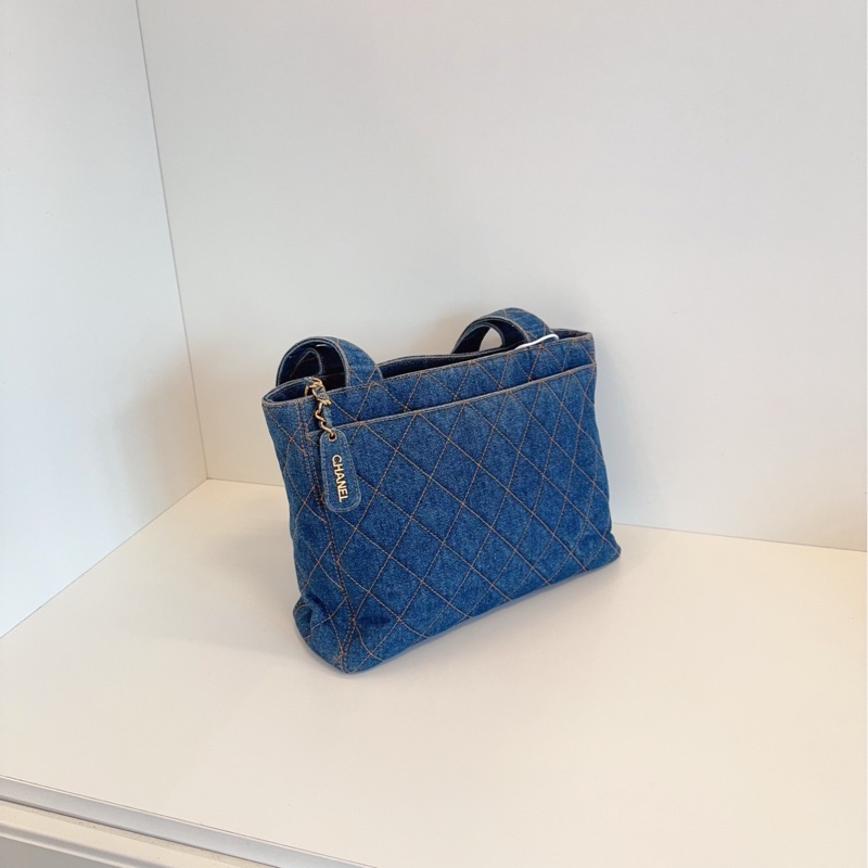 【98新🆕】Chanel 牛仔丹寧 金扣菱格外縫線帆布Tote 絕版vintage 牛仔-1