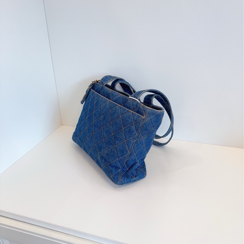 【98新🆕】Chanel 牛仔丹寧 金扣菱格外縫線帆布Tote 絕版vintage 牛仔-2