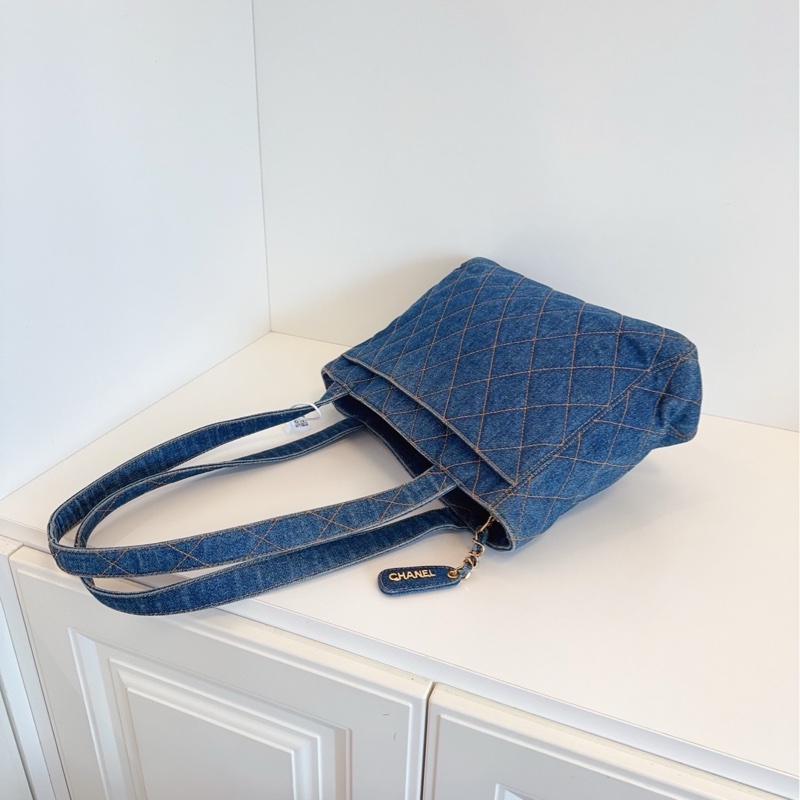 【98新🆕】Chanel 牛仔丹寧 金扣菱格外縫線帆布Tote 絕版vintage 牛仔-3