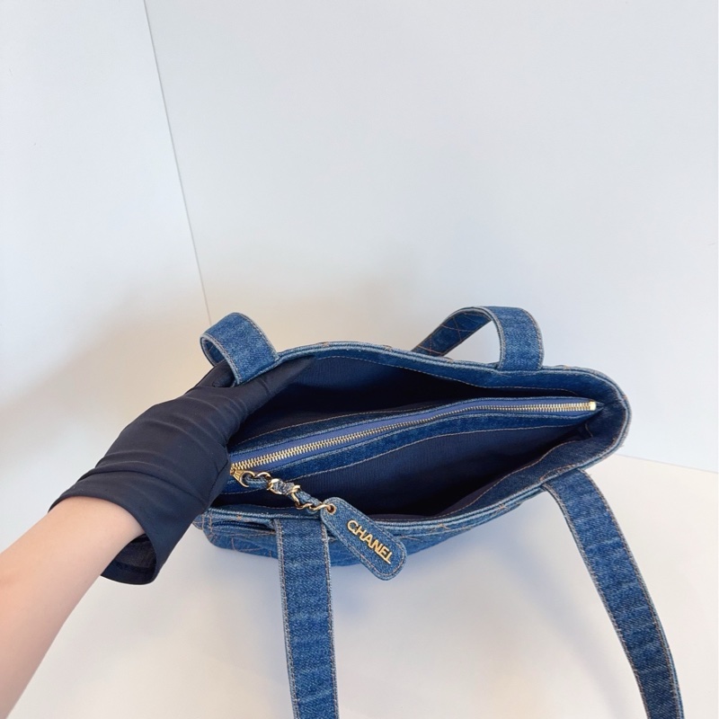 【98新🆕】Chanel 牛仔丹寧 金扣菱格外縫線帆布Tote 絕版vintage 牛仔-6