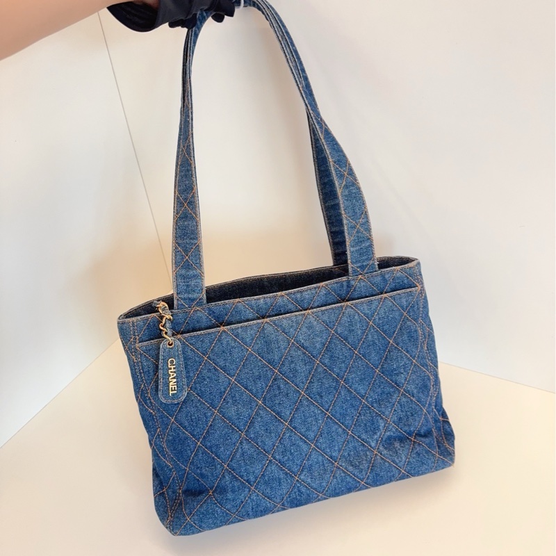 【98新🆕】Chanel 牛仔丹寧 金扣菱格外縫線帆布Tote 絕版vintage 牛仔-7