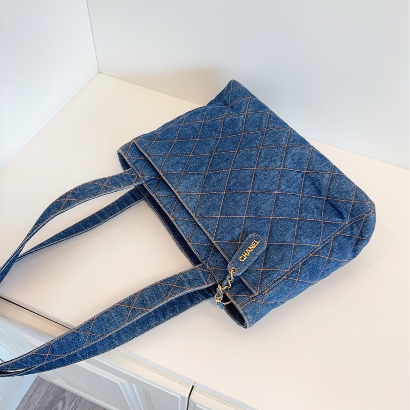 【98新🆕】Chanel 牛仔丹寧 金扣菱格外縫線帆布Tote 絕版vintage 牛仔-8