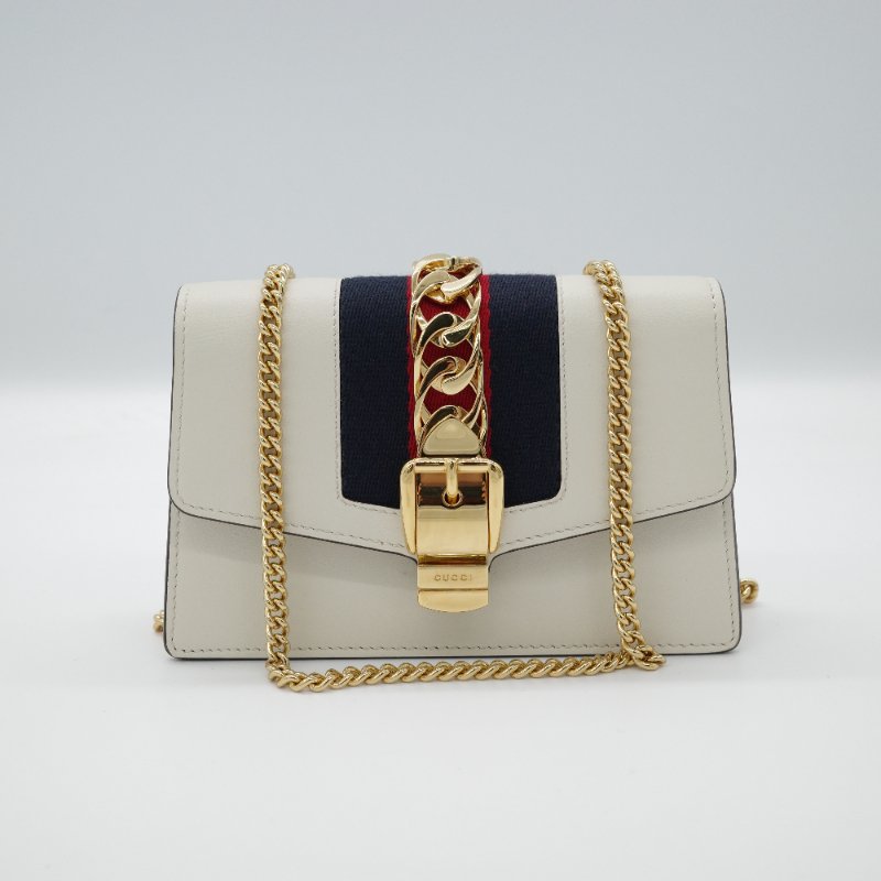 Gucci 古馳 Sylvie Mini 迷你 奶白色牛皮 金屬 鏈帶包 斜挎包 單肩包 手拿包-1