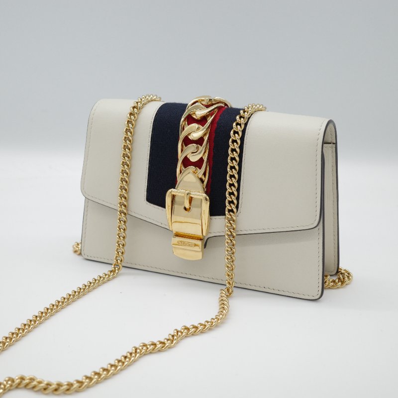 Gucci 古馳 Sylvie Mini 迷你 奶白色牛皮 金屬 鏈帶包 斜挎包 單肩包 手拿包-2