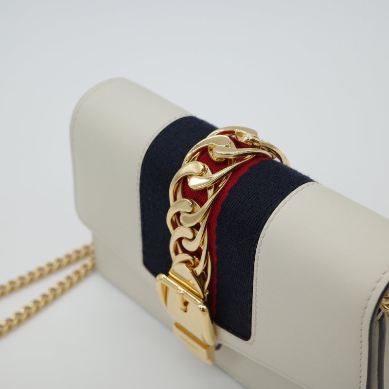 Gucci 古馳 Sylvie Mini 迷你 奶白色牛皮 金屬 鏈帶包 斜挎包 單肩包 手拿包-9