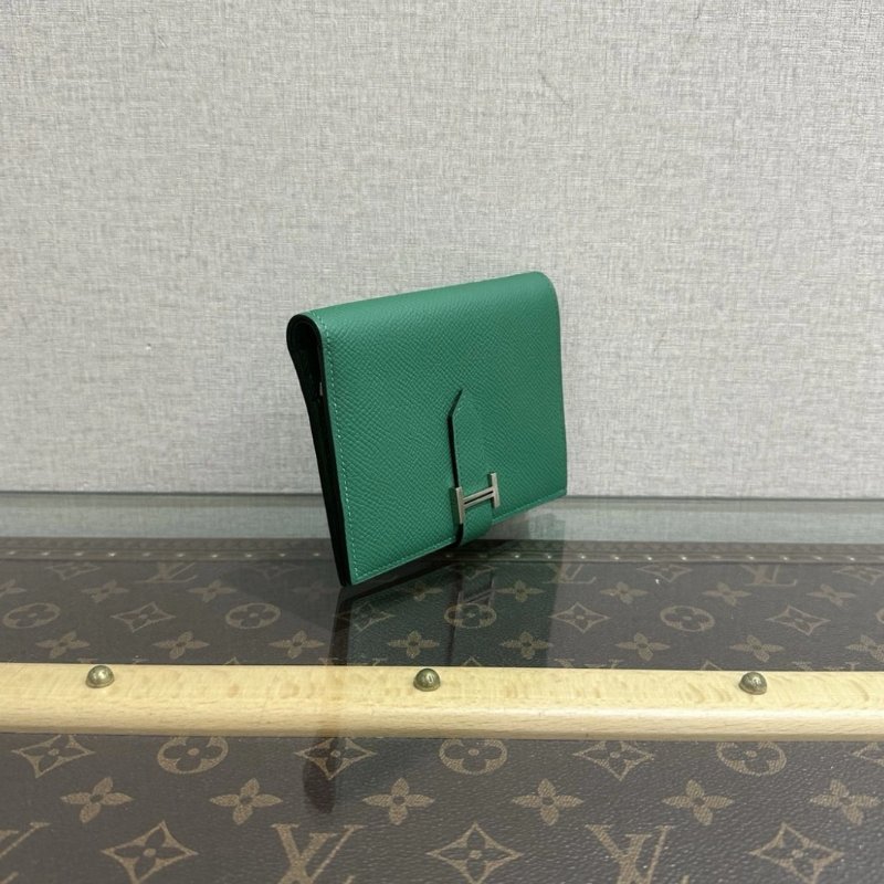 HERMES 絲絨綠銀扣Bearn短款錢包12*9.5*0.4 99新配件盒子-1