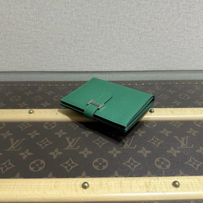 HERMES 絲絨綠銀扣Bearn短款錢包12*9.5*0.4 99新配件盒子-3