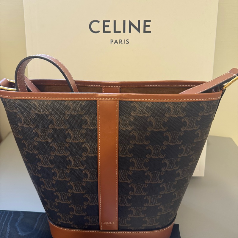 CELINE 標誌印花及牛皮革小號水桶包-1