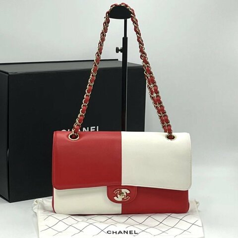 CHANEL 23C限定CF紅白琺瑯扣肩背斜背包25*16*7 99新 配件盒子塵袋