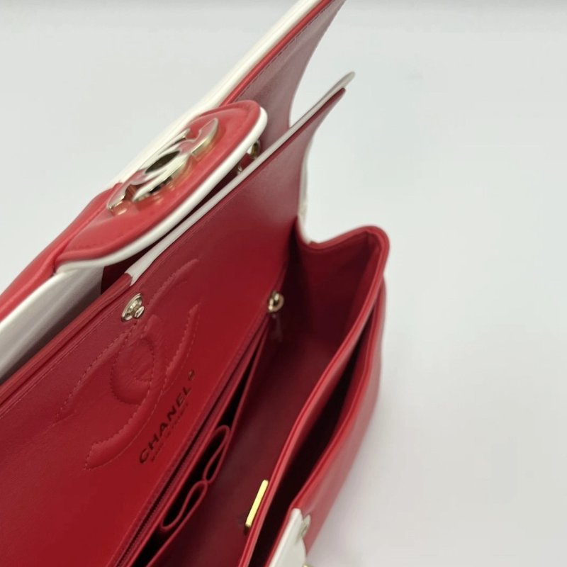 CHANEL 23C限定CF紅白琺瑯扣肩背斜背包25*16*7 99新 配件盒子塵袋-1