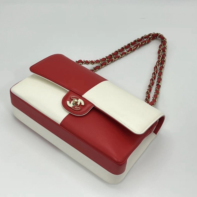 CHANEL 23C限定CF紅白琺瑯扣肩背斜背包25*16*7 99新 配件盒子塵袋-3