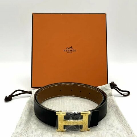HERMES 黑金經典H標95雙面腰帶 95*4 98新配件盒子塵袋