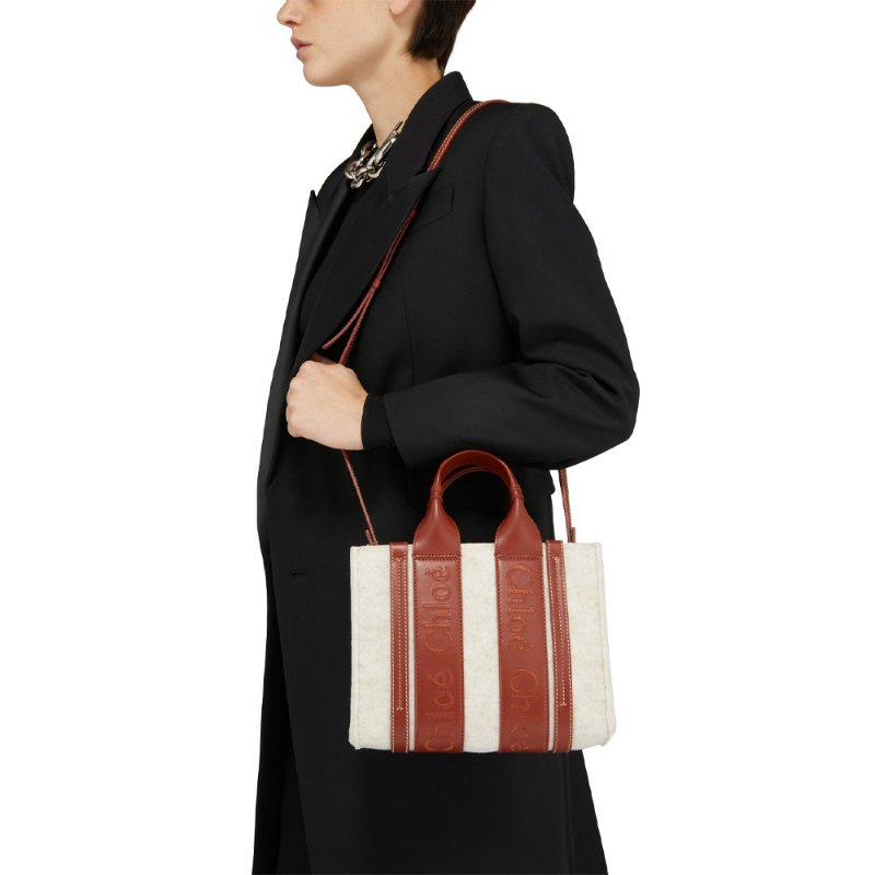 Chloe Logo Embroidered Small Woody Tote Bag for Women in Cement Beige - CHC22WS397I58-24H-5