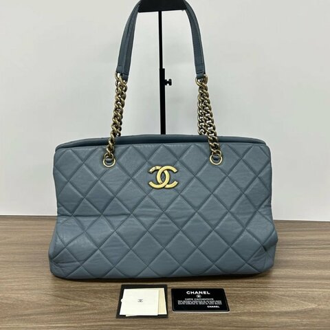CHANEL 霧霾藍金扣孟買牛皮手提托特包 38*24*20 98新配件保卡塵袋