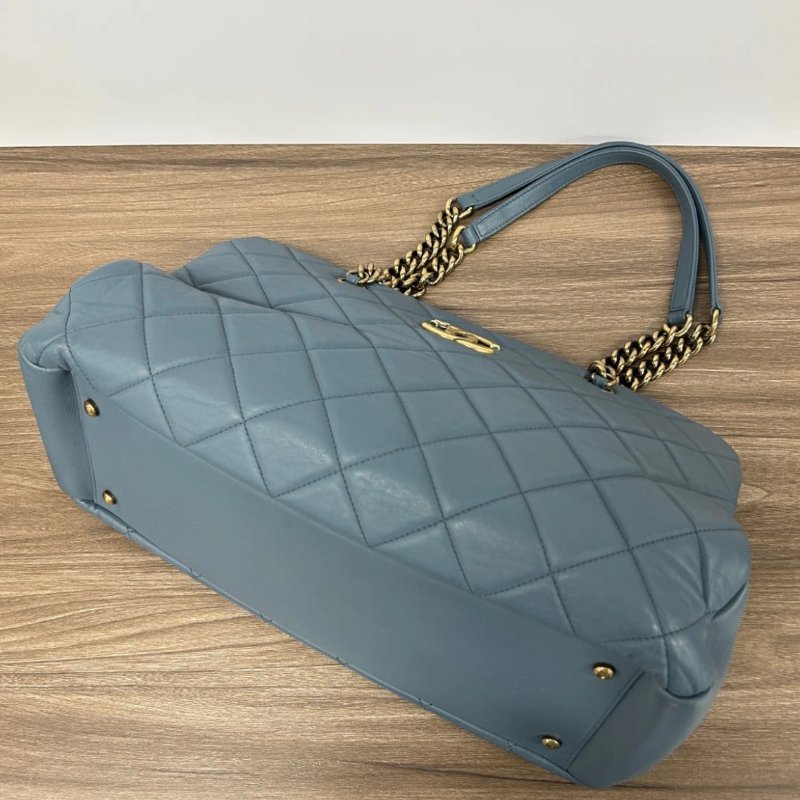 CHANEL 霧霾藍金扣孟買牛皮手提托特包 38*24*20 98新配件保卡塵袋-4