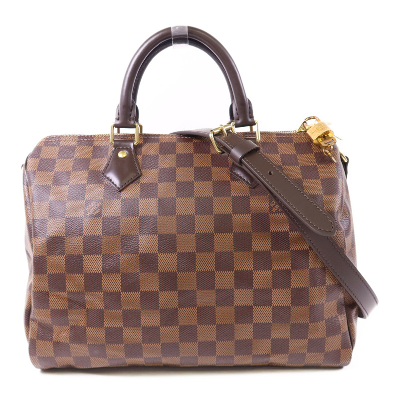 LOUIS VUITTON Damier Speedy Bandouliere 30金扣手挽肩背兩用袋棕色-0
