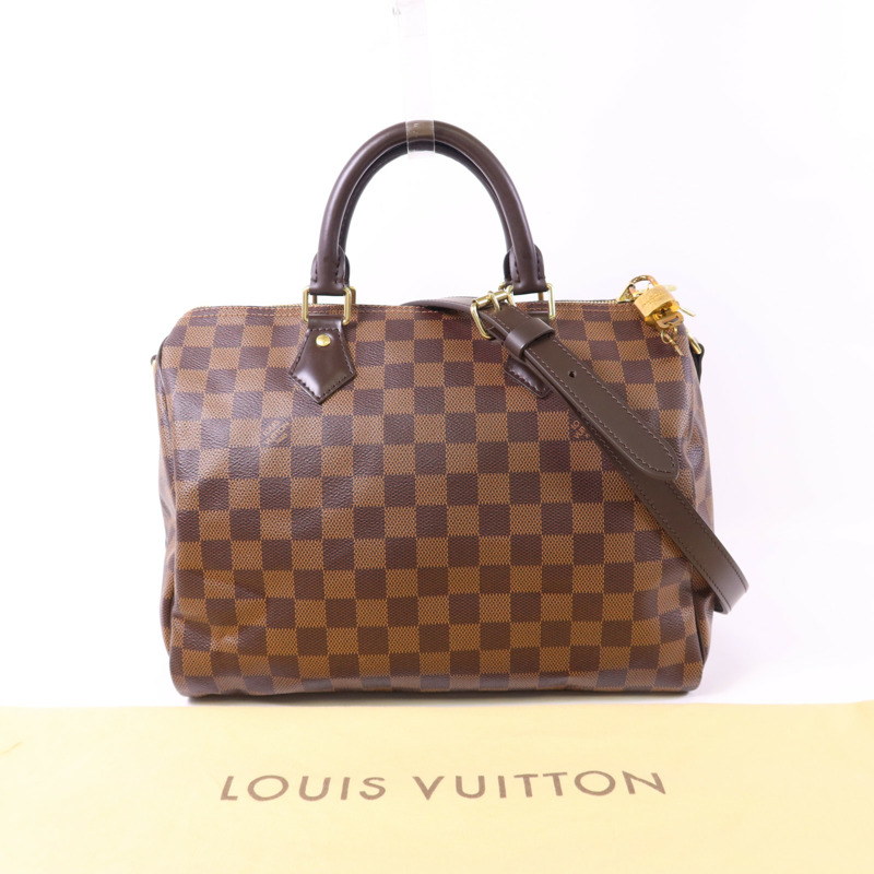 LOUIS VUITTON Damier Speedy Bandouliere 30金扣手挽肩背兩用袋棕色-19