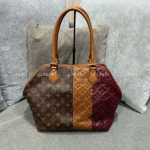 LV單肩包/托特包 MONOGRAM BLOCKS/金棕色/波爾多紅壓花牛皮/三拼色