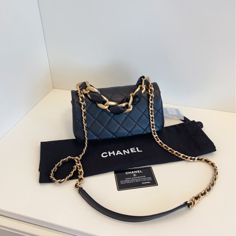 【99新閒置🆕】Chanel21p黑金復古粗鏈條CF口蓋包手提包 斜挎包 單肩包-1