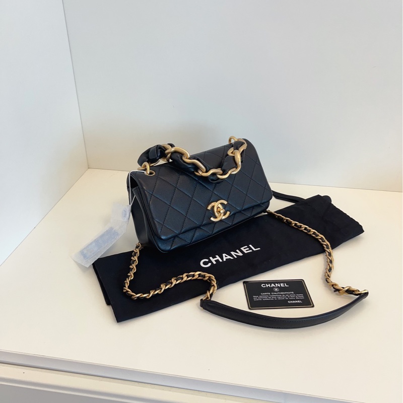 【99新閒置🆕】Chanel21p黑金復古粗鏈條CF口蓋包手提包 斜挎包 單肩包-2