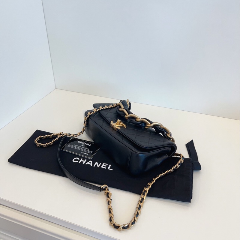 【99新閒置🆕】Chanel21p黑金復古粗鏈條CF口蓋包手提包 斜挎包 單肩包-4