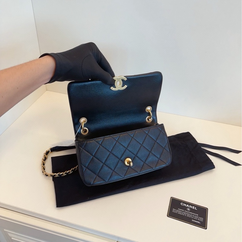 【99新閒置🆕】Chanel21p黑金復古粗鏈條CF口蓋包手提包 斜挎包 單肩包-6