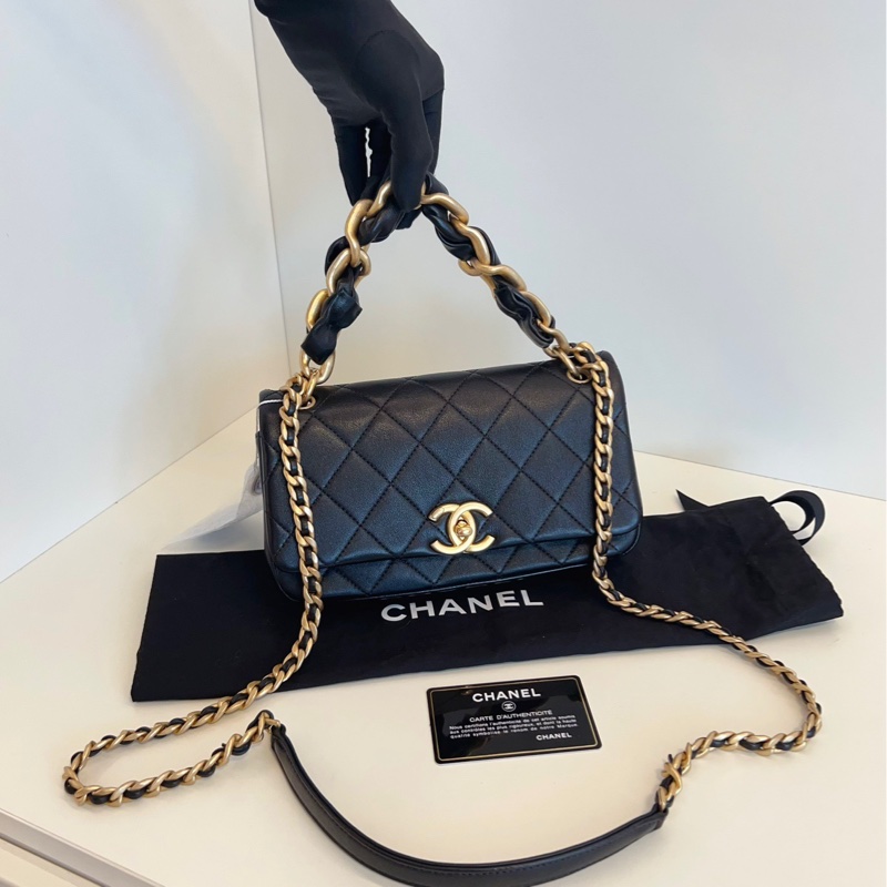 【99新閒置🆕】Chanel21p黑金復古粗鏈條CF口蓋包手提包 斜挎包 單肩包-7