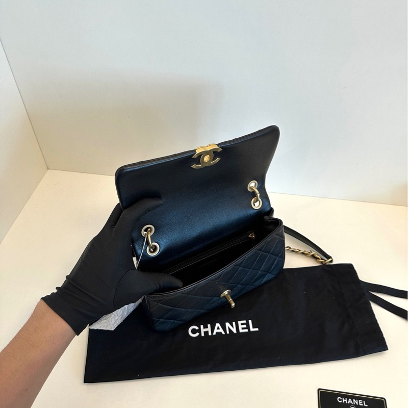 【99新閒置🆕】Chanel21p黑金復古粗鏈條CF口蓋包手提包 斜挎包 單肩包-8