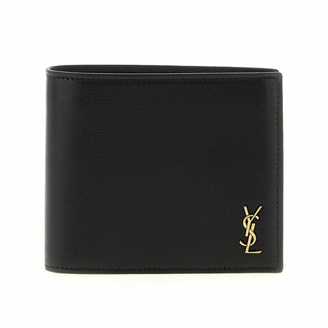 【YSL】SAINT LAURENT Tiny Cassandre East West Bifold 亮面皮革 卡夾 皮夾 短夾 黑色 金色 607727