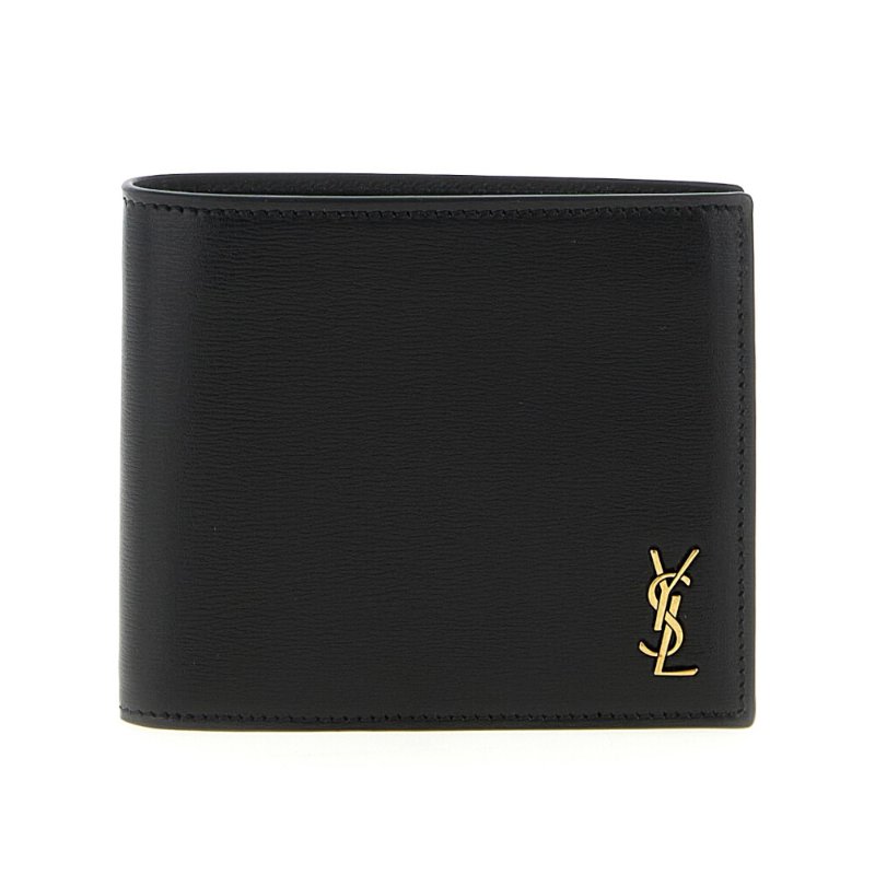 【YSL】SAINT LAURENT Tiny Cassandre East West Bifold 亮面皮革 卡夾 皮夾 短夾 黑色 金色 607727-0