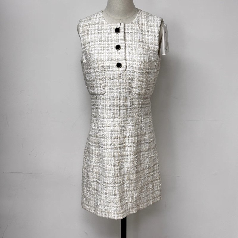 CHANEL 米白色編織無袖洋裝長85肩寬38胸圍92 36號 全新閒置配件吊牌備用扣-0