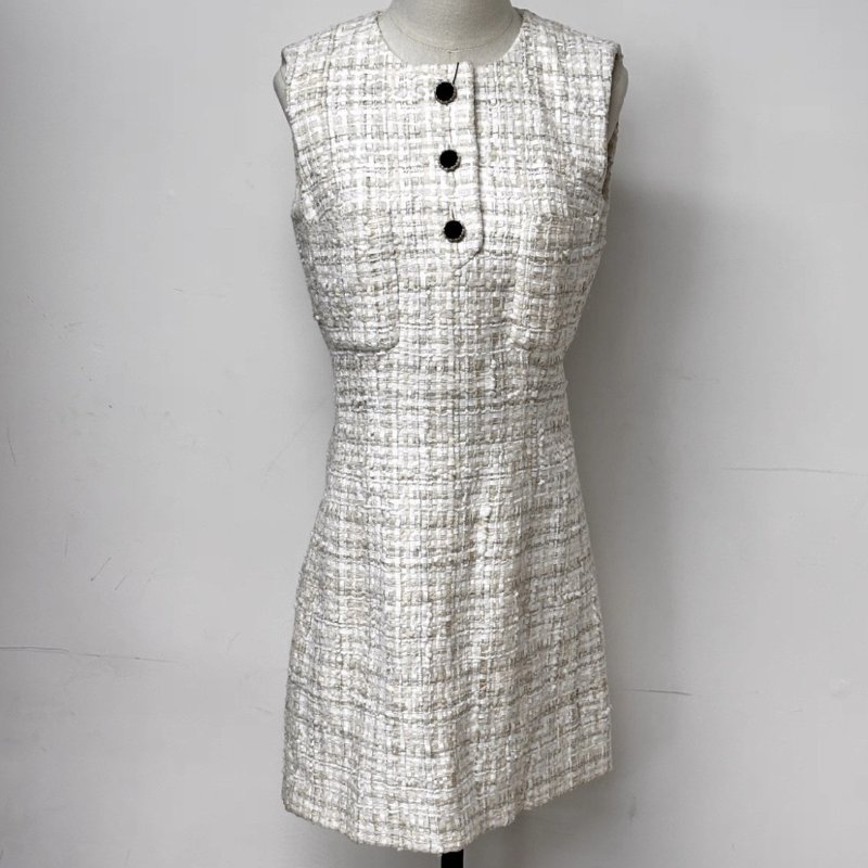 CHANEL 米白色編織無袖洋裝長85肩寬38胸圍92 36號 全新閒置配件吊牌備用扣-3